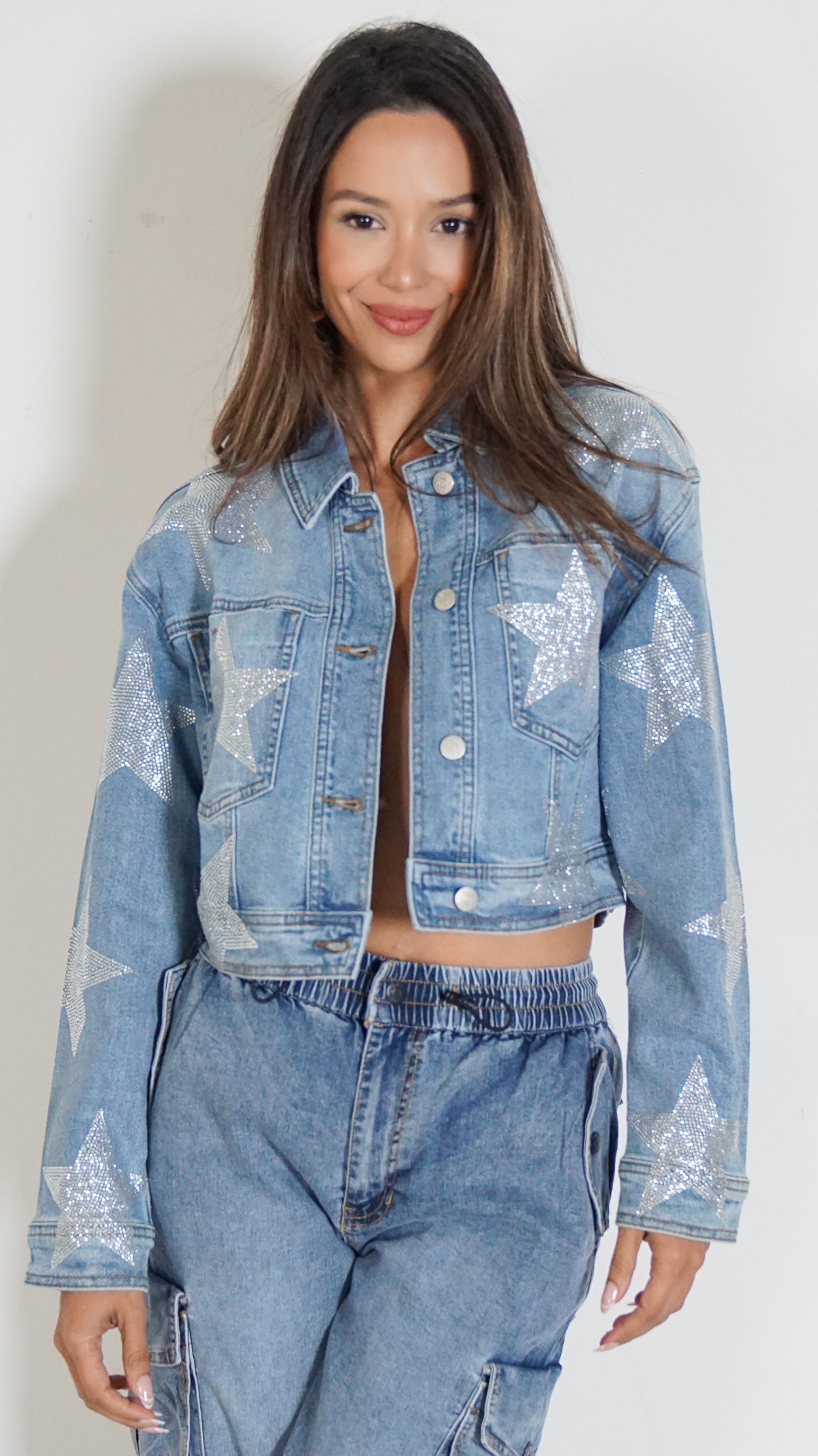 light wash jean jacket with crystal studs – All There Boutique