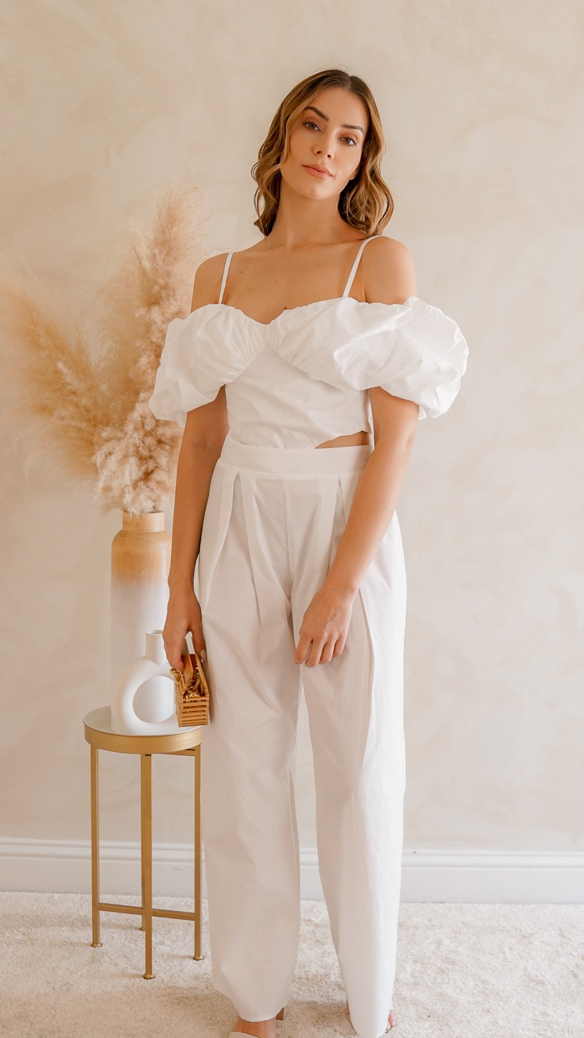 White off the discount shoulder two piece set