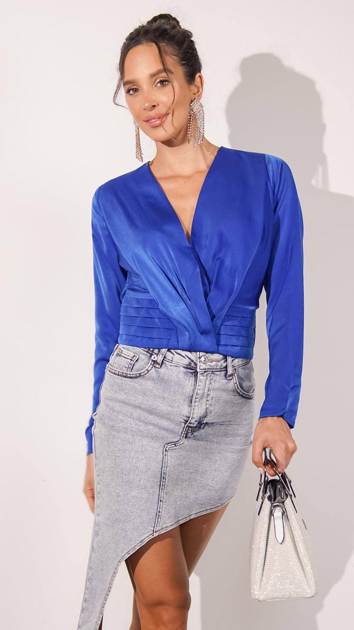 Madison Satin Longsleeve Top in Royal Blue