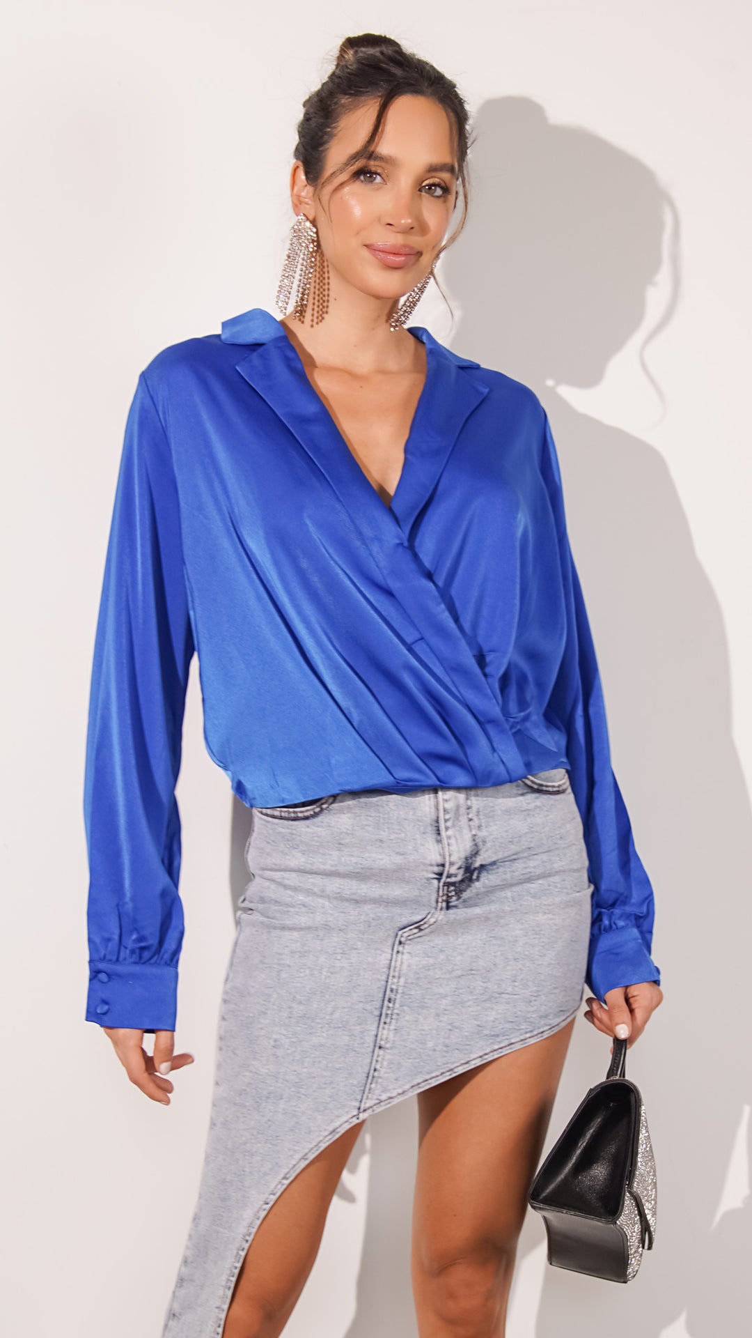 Madison Satin Longsleeve Top in Royal Blue