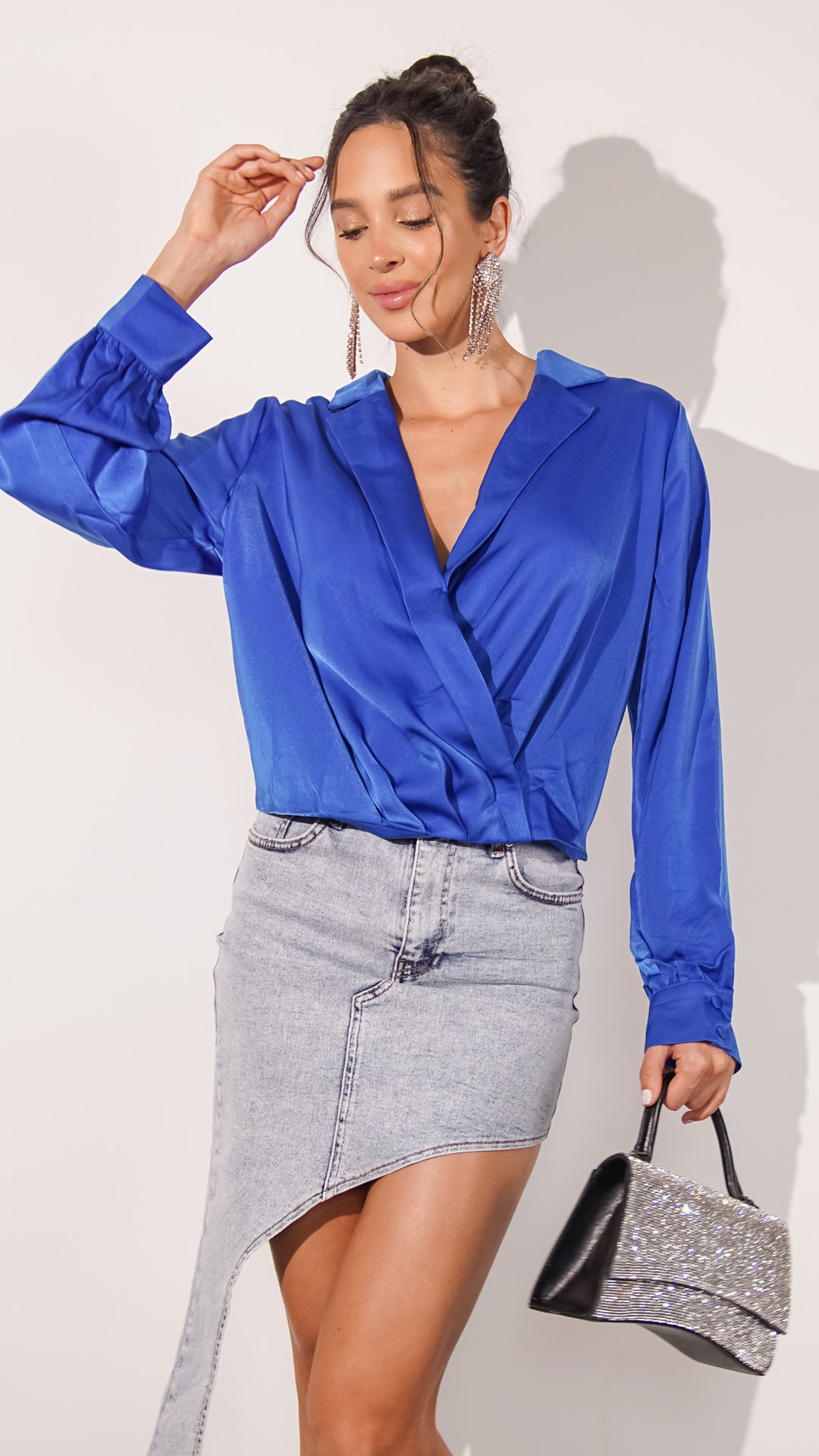 Madison Satin Longsleeve Top in Royal Blue