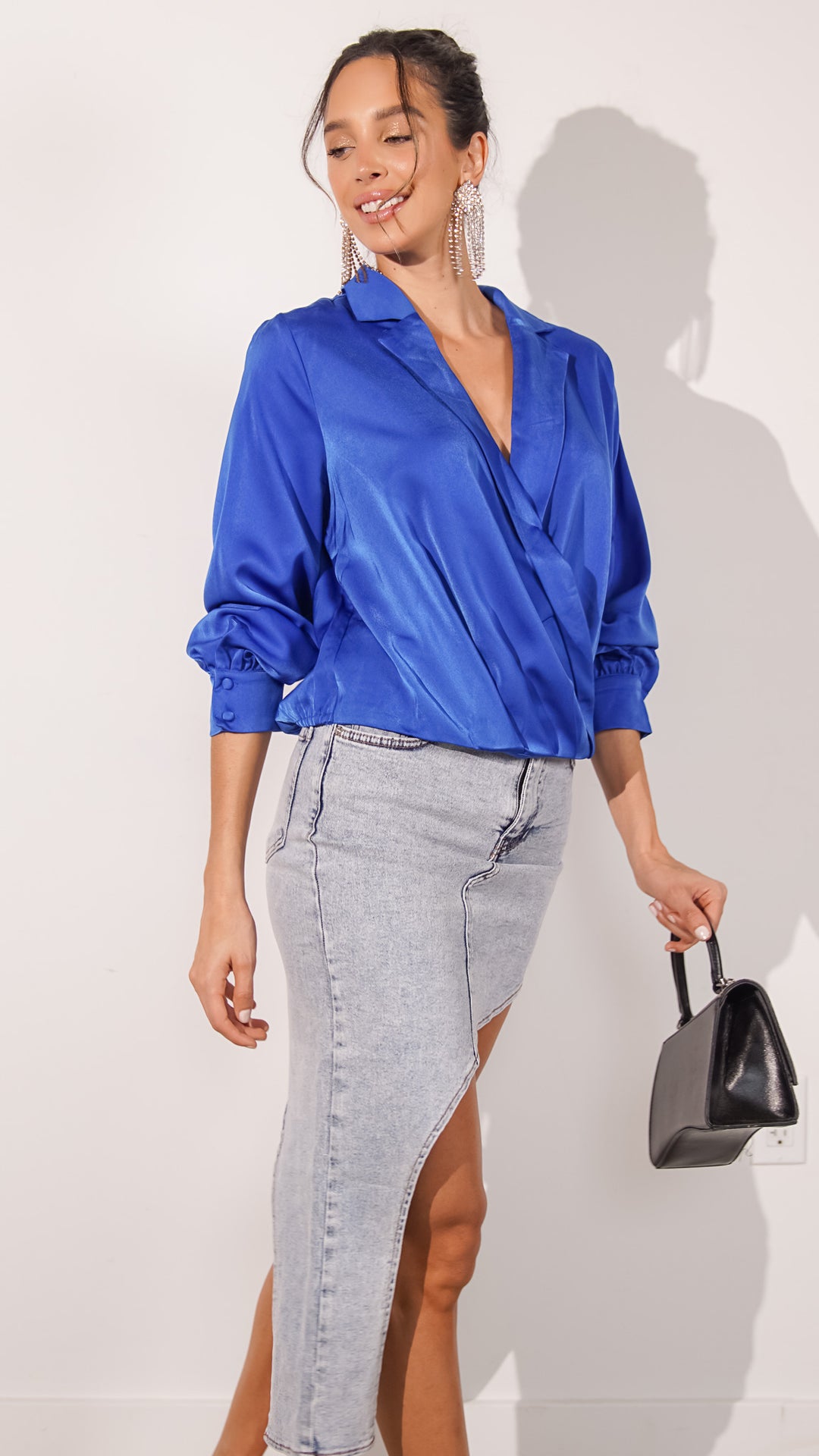 Madison Satin Longsleeve Top in Royal Blue