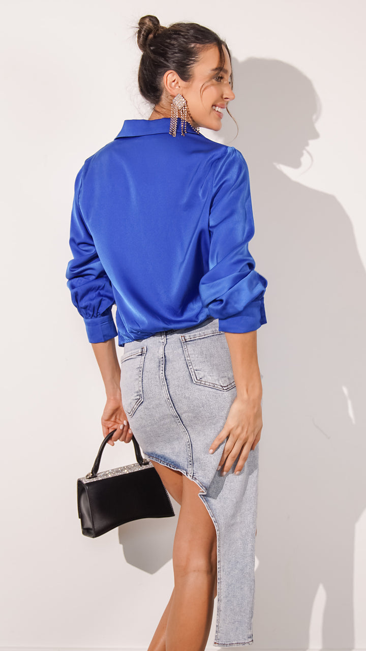 Madison Satin Longsleeve Top in Royal Blue