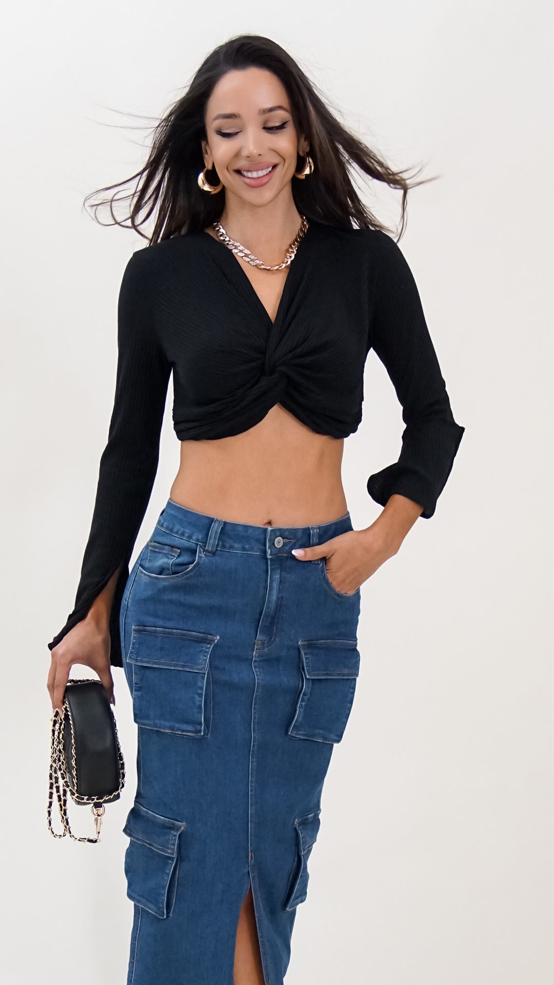 Maeve Longsleeve Midriff Top in Black