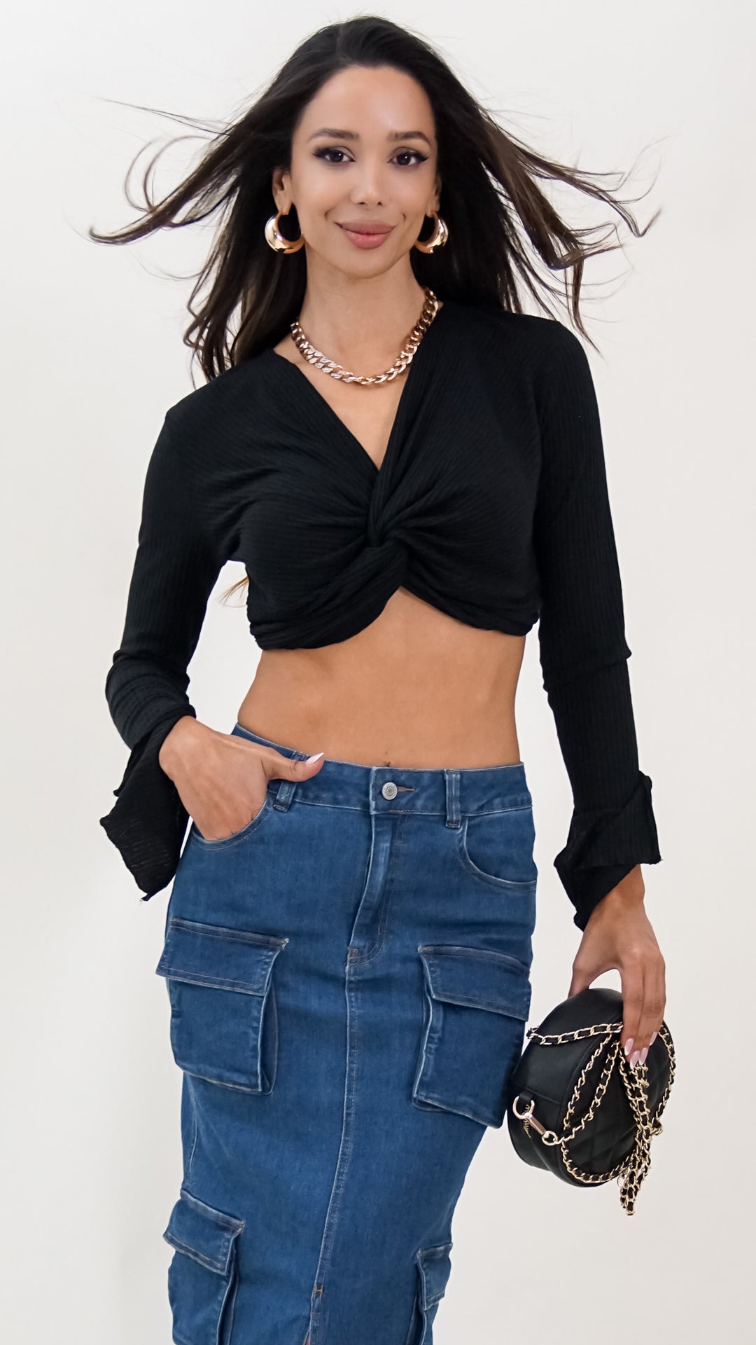 Maeve Longsleeve Midriff Top in Black