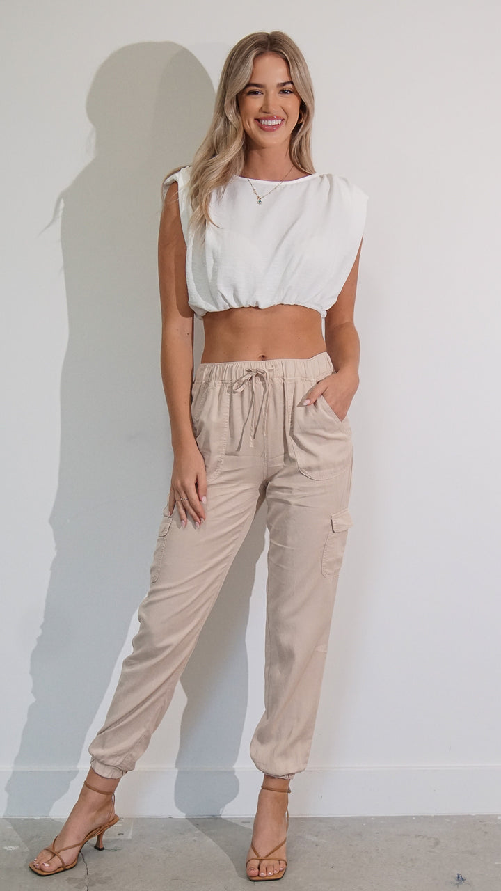 Lily Cargo Linen Pants in Beige