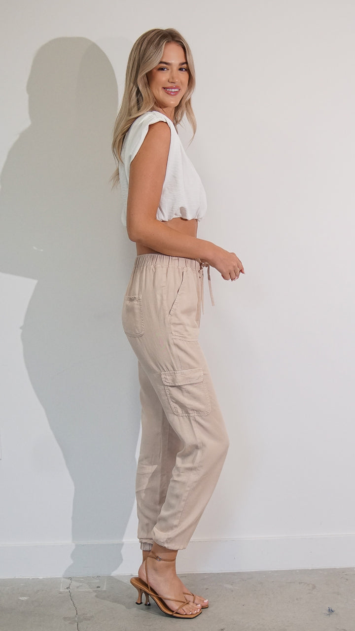 Lily Cargo Linen Pants in Beige