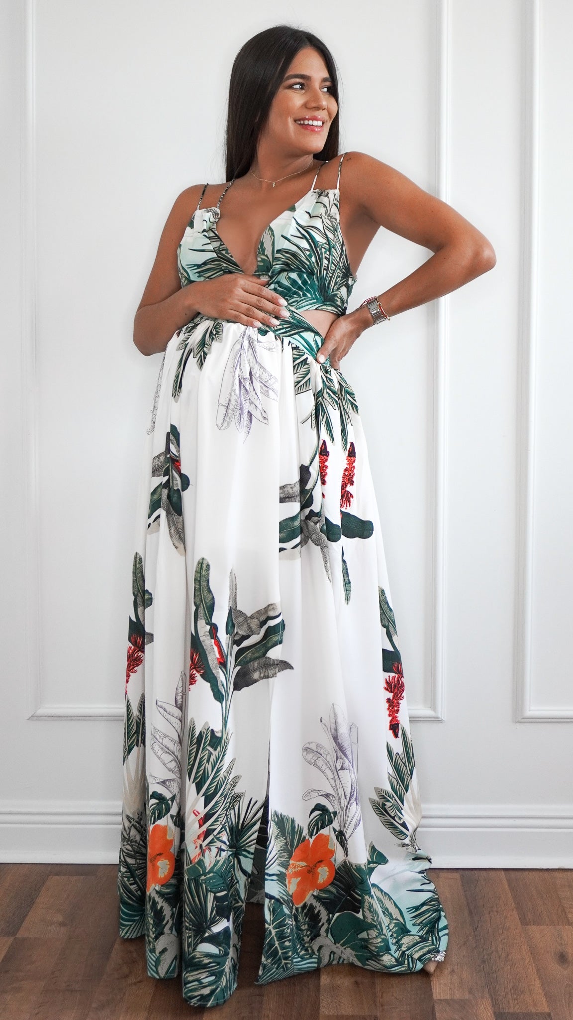 Long Dress With Leafy Floral Print